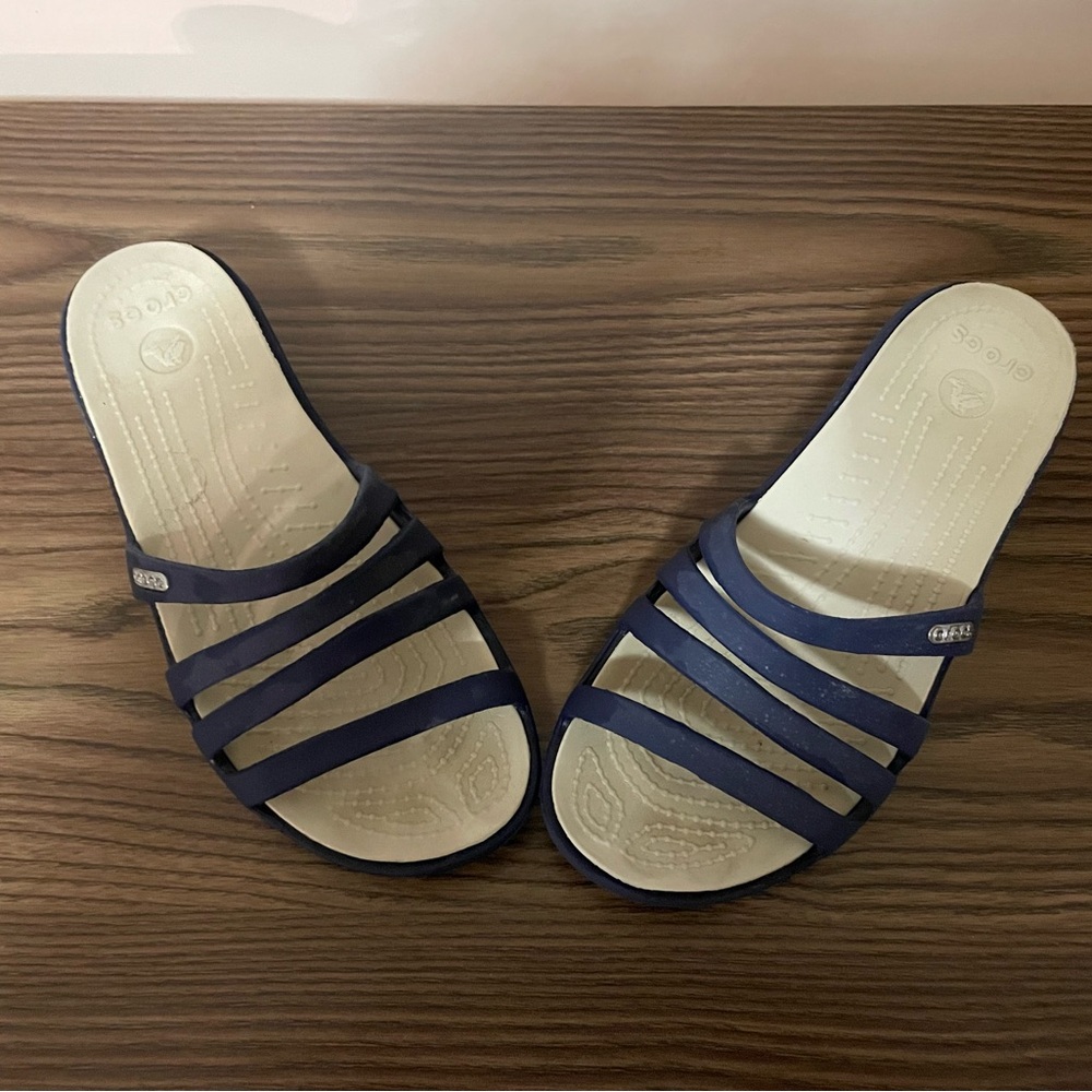 Crocs Rhonda Wedge Navy Blue Slide Sandal with Comfort Footbed, Sz 6